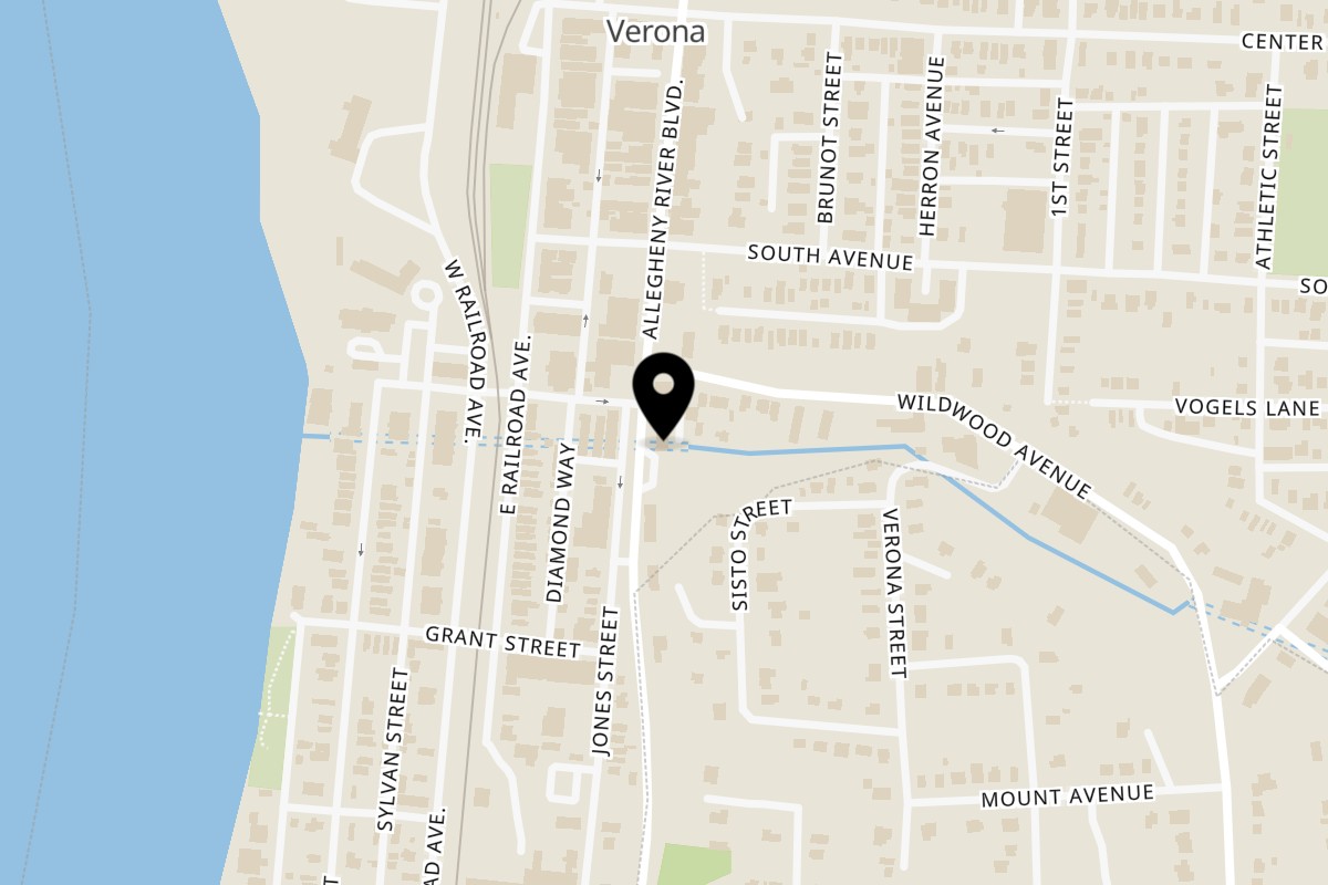 Map showing the location of Off the Rails Barbeque & Drafthouse on 549 Allegheny River Blvd in Verona